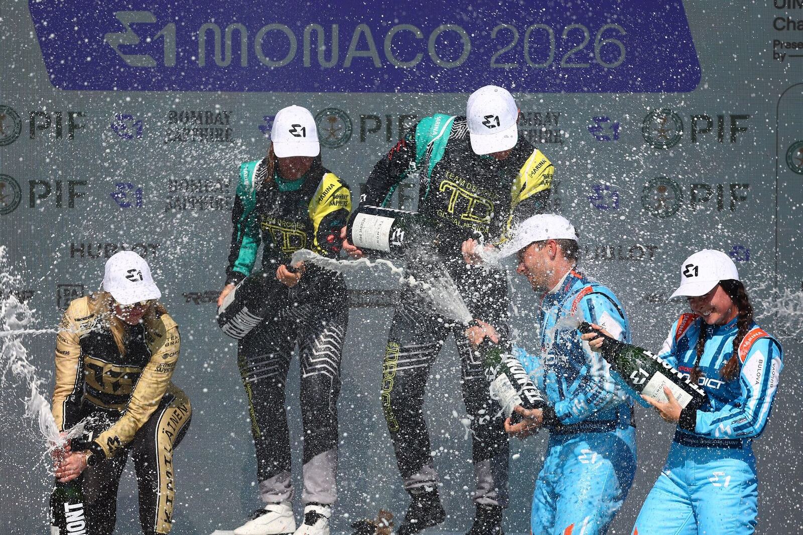 E1 Monaco 2026 podium — champagne celebration